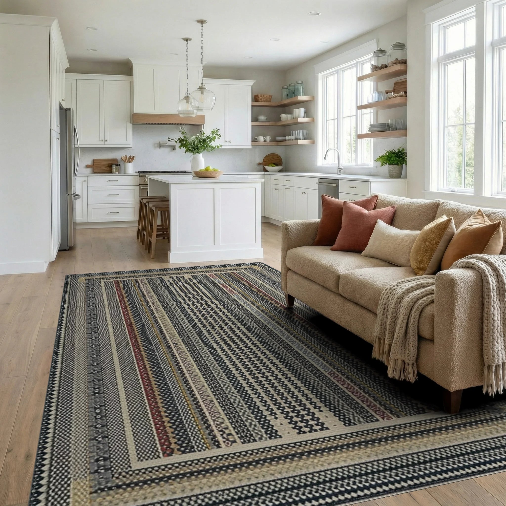 Earthy Tones Striped Medley Rug - Living Room View
