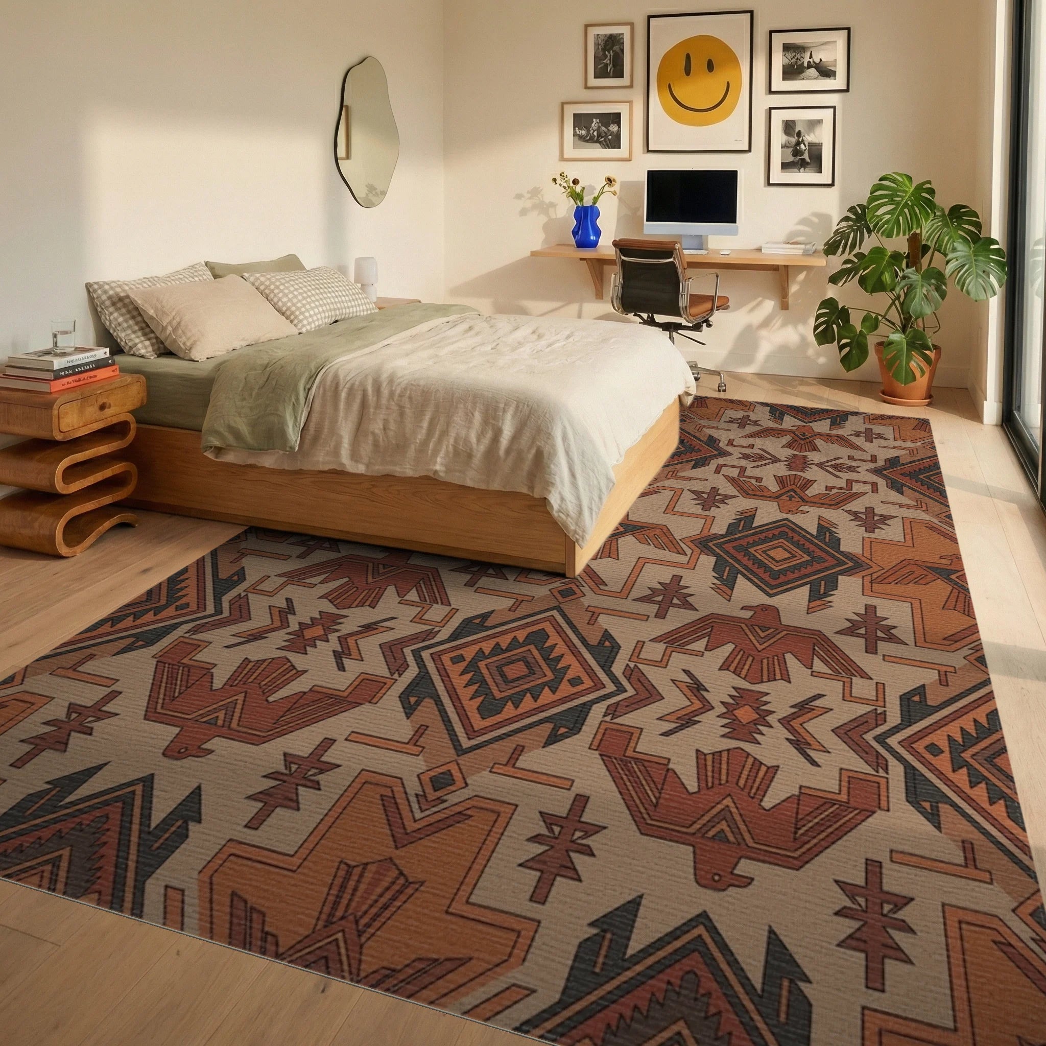 Earthy Tones Thunderbird Geometric Rug Bedroom View