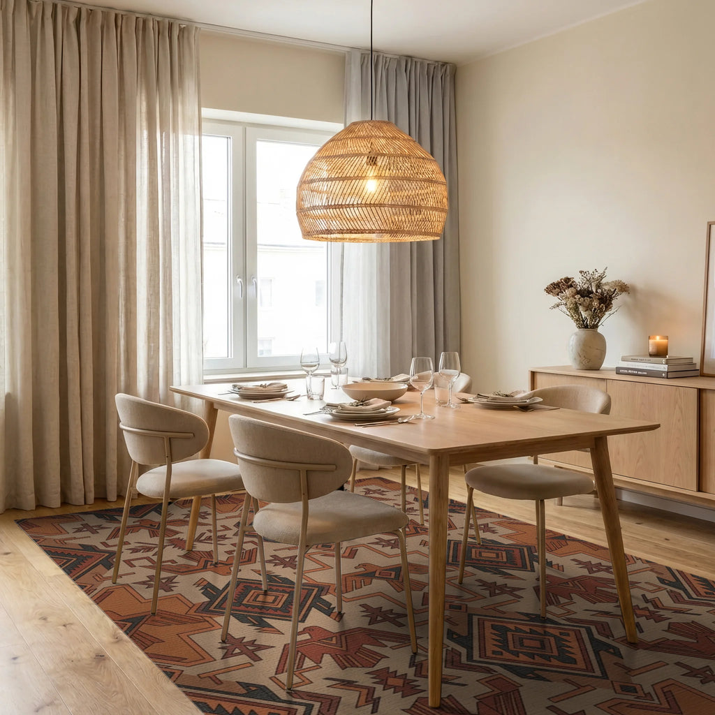 Earthy Tones Thunderbird Geometric Rug Dining Room View