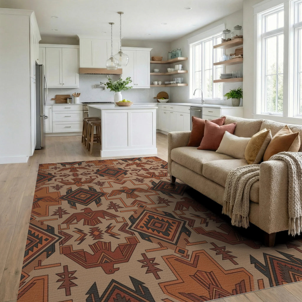 Earthy Tones Thunderbird Geometric Rug Living Room View