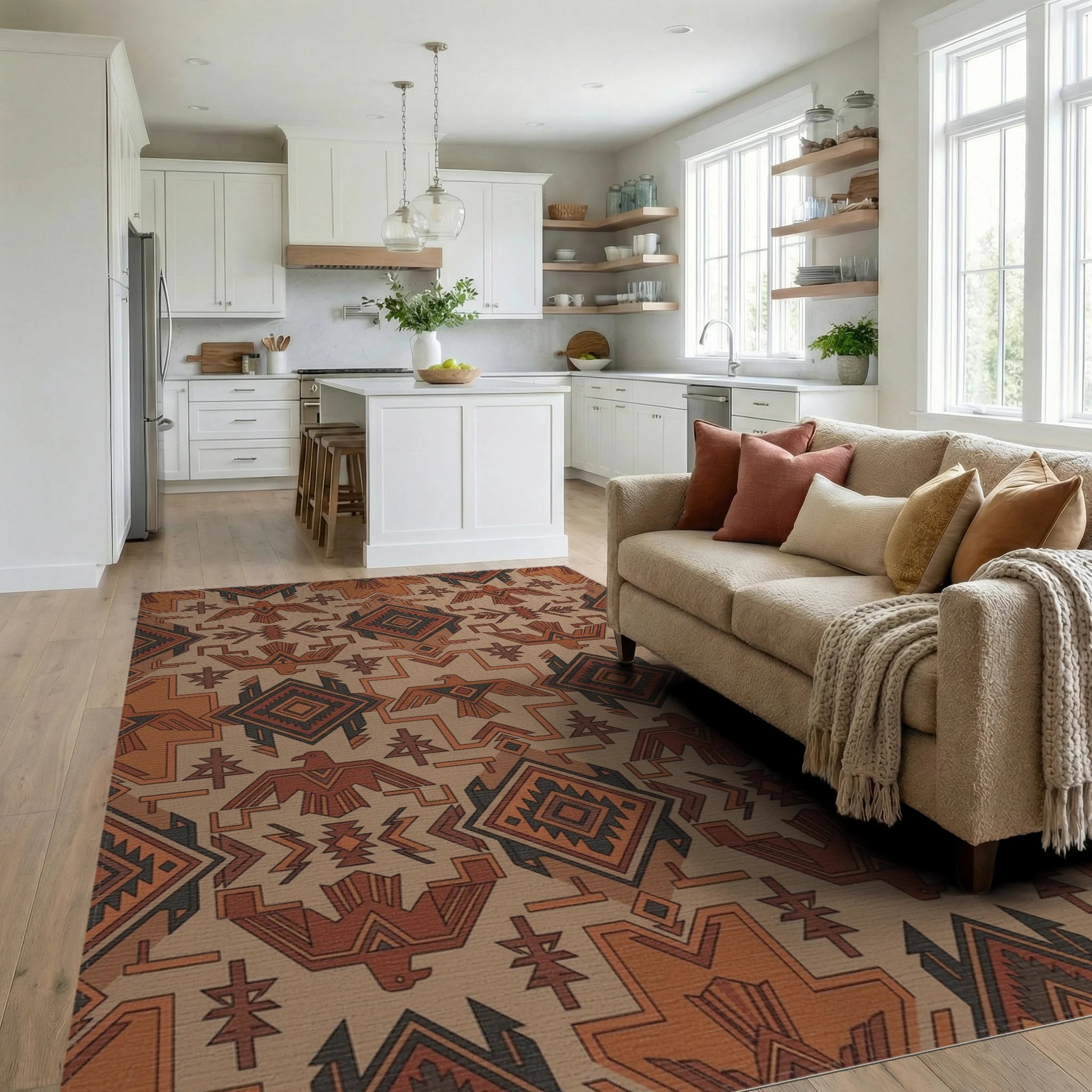 Earthy Tones Thunderbird Geometric Rug Living Room View