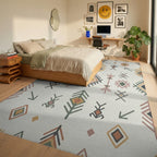 Earthy Tribal Diamond Feather Arrow Rug Bedroom View