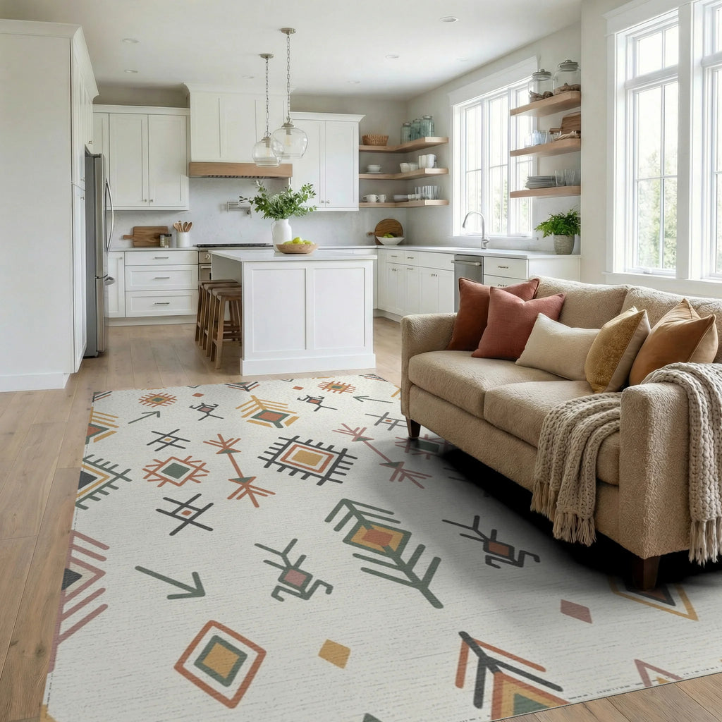 Earthy Tribal Diamond Feather Arrow Rug Living Room View