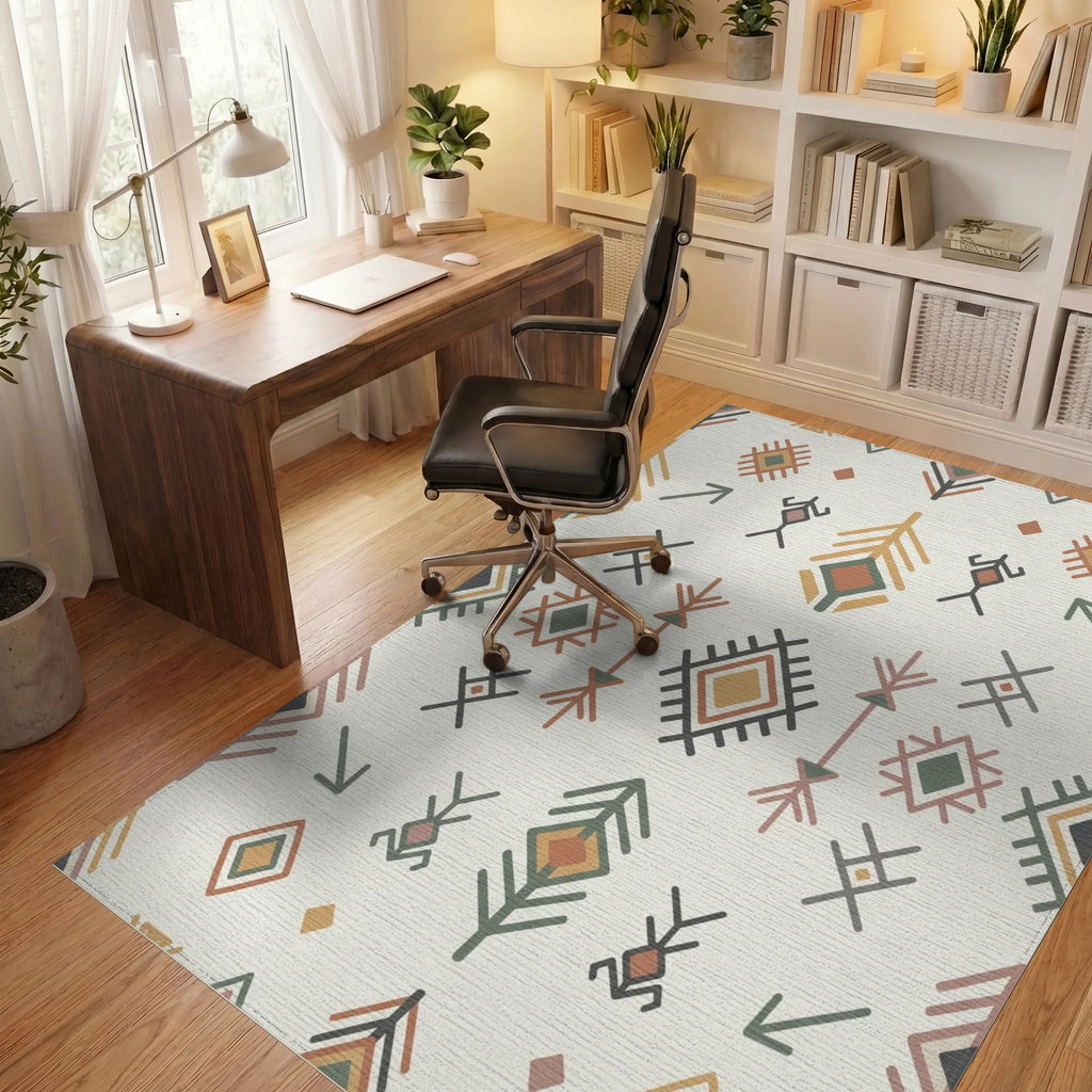Earthy Tribal Diamond Feather Arrow Rug Office View