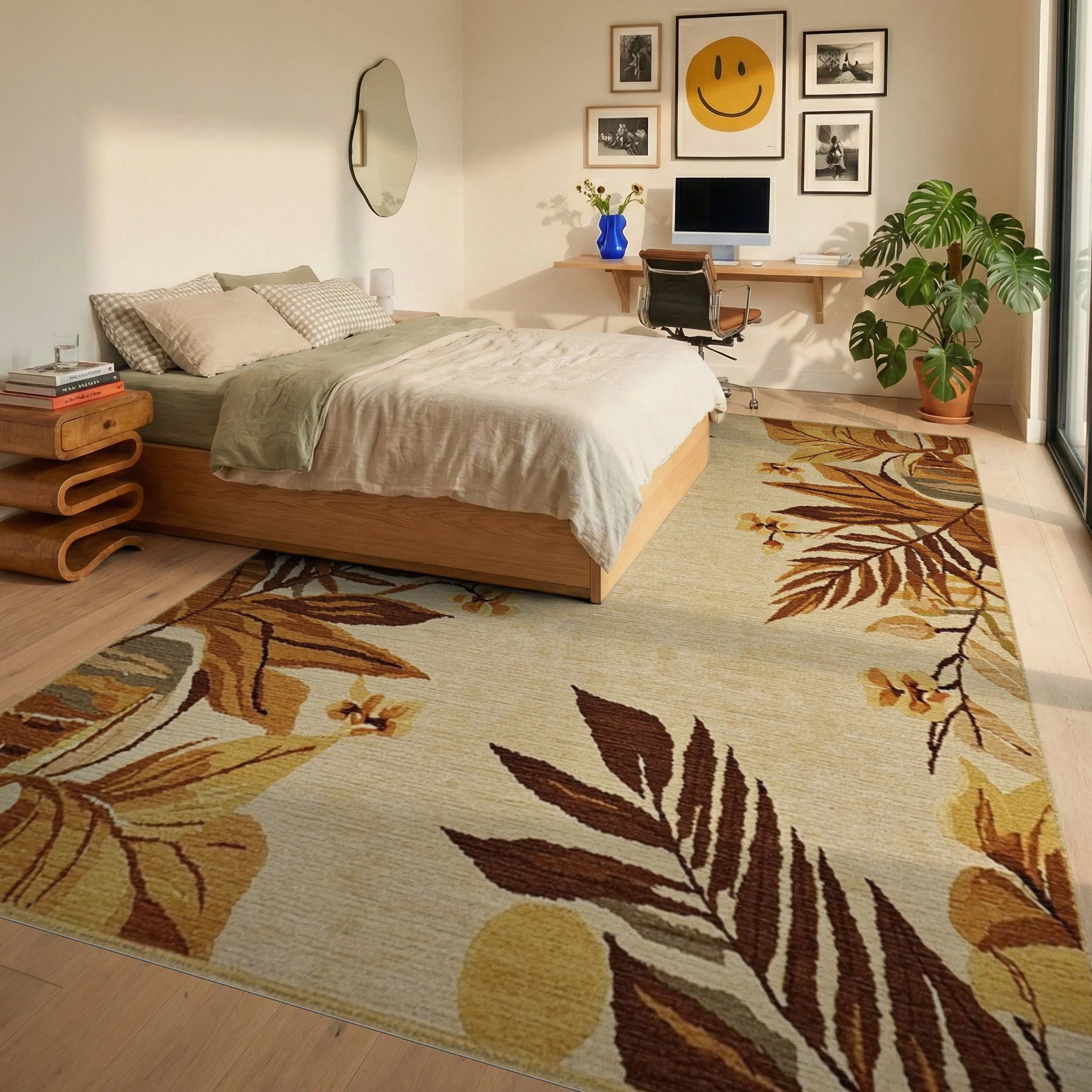 Earthy Tropical Leaf Floral Scroll Rug - Bedroom View
