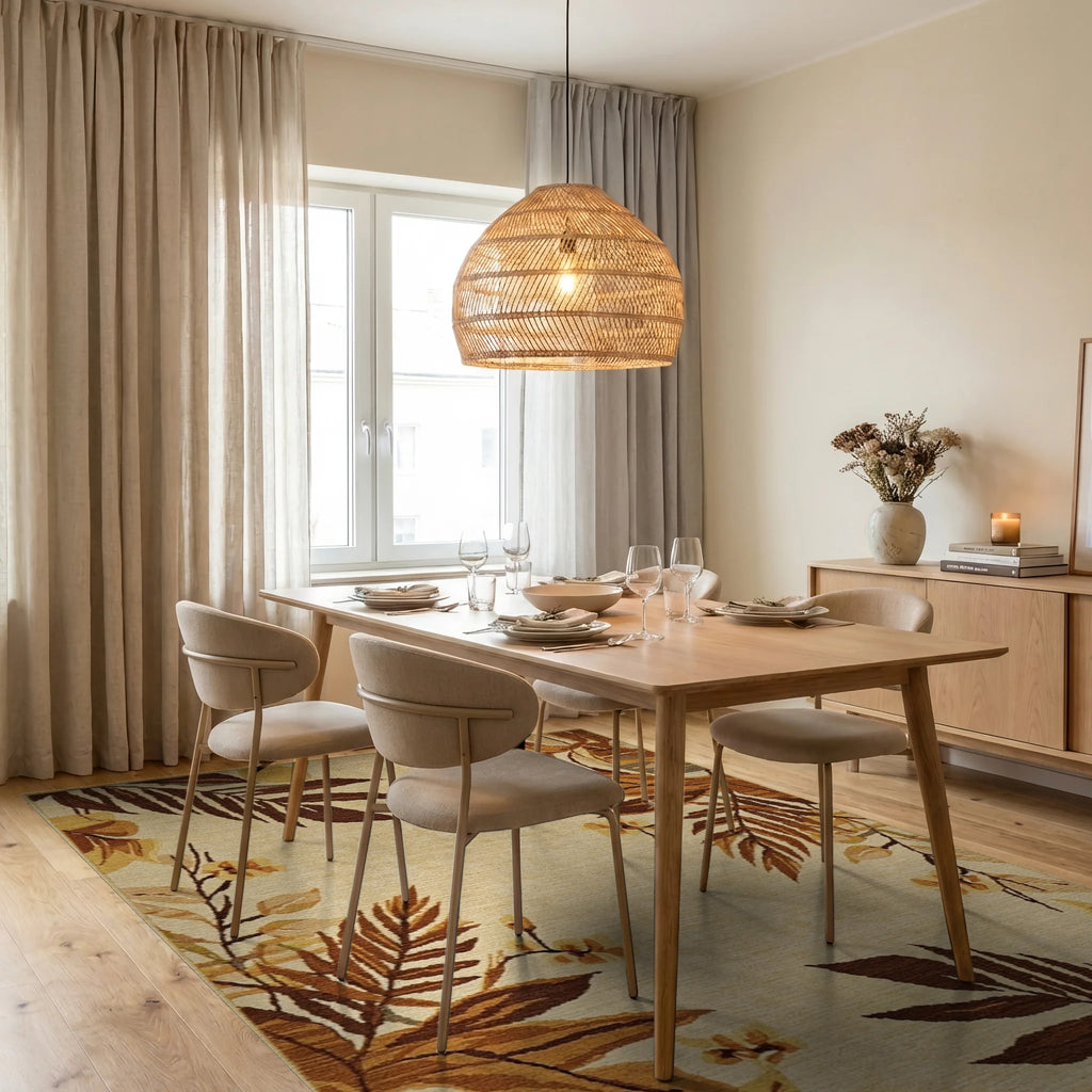 Earthy Tropical Leaf Floral Scroll Rug - Dining Room View