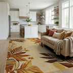 Earthy Tropical Leaf Floral Scroll Rug - Living Room View
