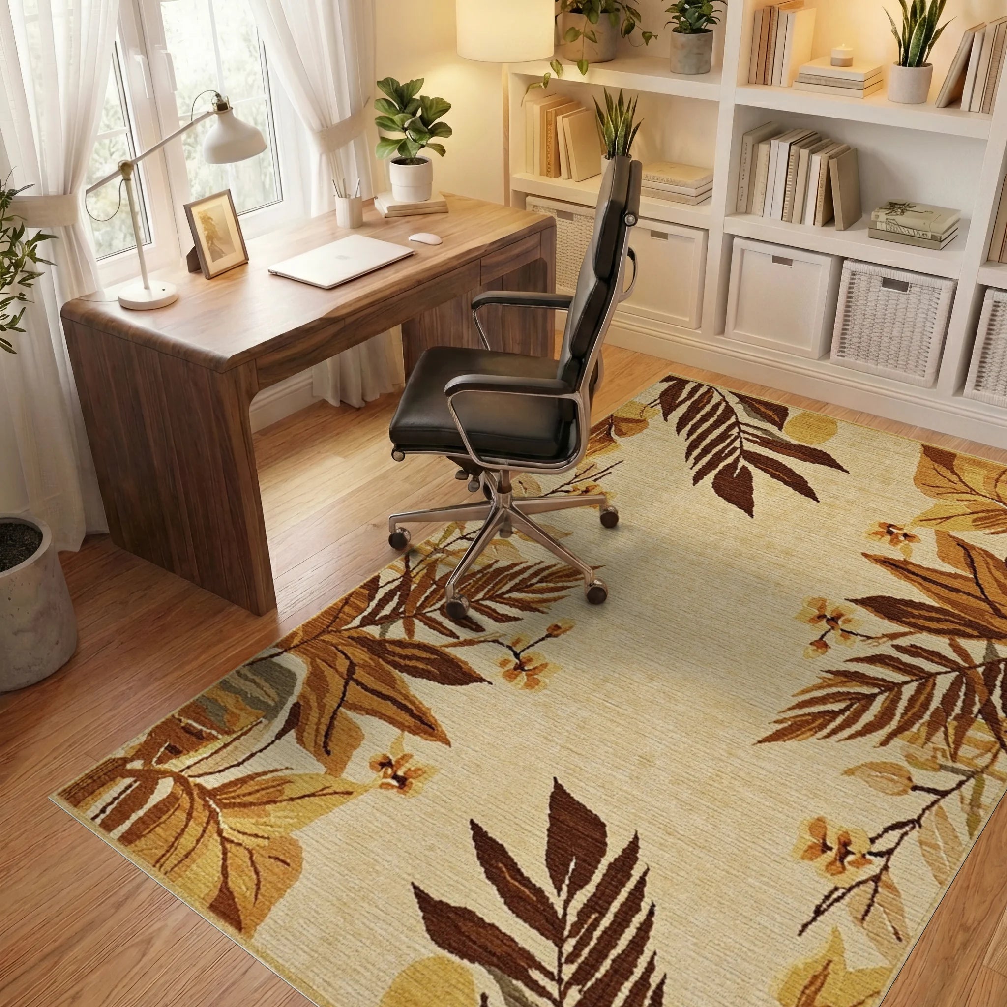 Earthy Tropical Leaf Floral Scroll Rug - Office View