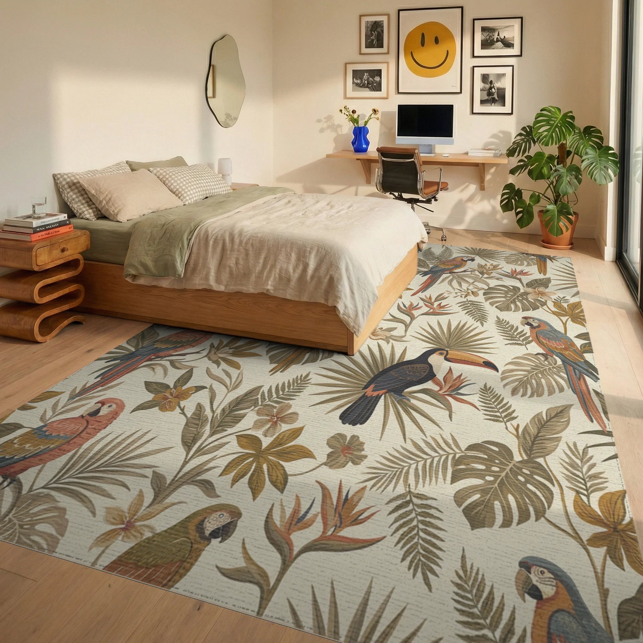 Earthy Tropical Toucan Parrot Foliage Rug Bedroom View