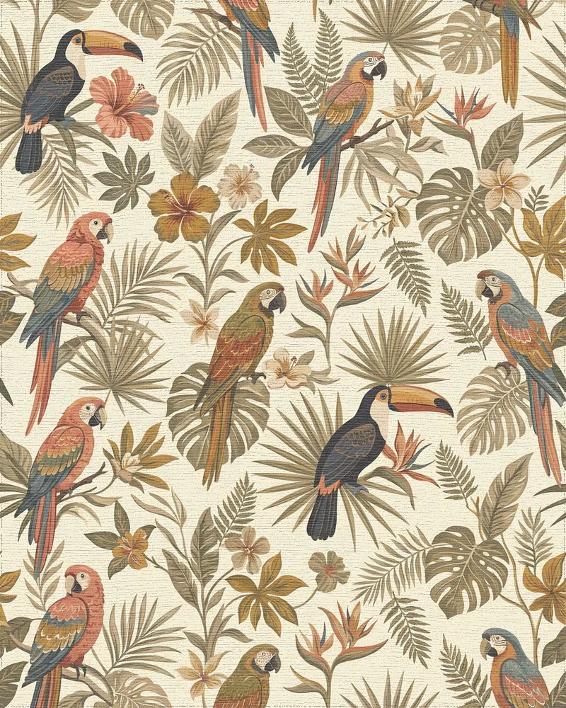 Earthy Tropical Toucan Parrot Foliage Rug - Cutout View
