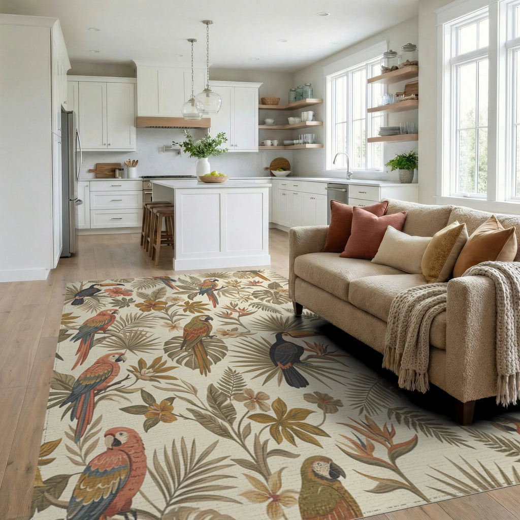 Earthy Tropical Toucan Parrot Foliage Rug Living Room View