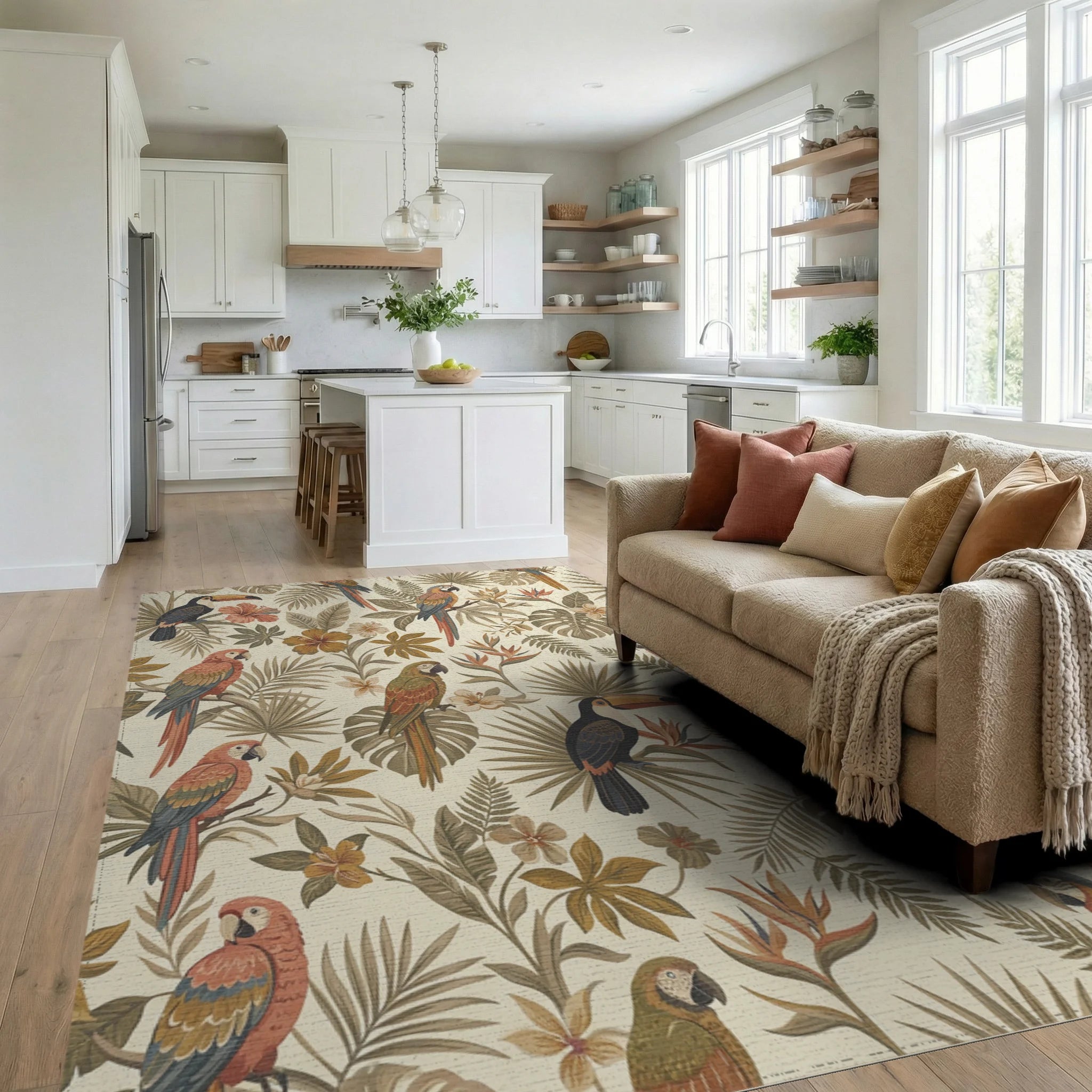 Earthy Tropical Toucan Parrot Foliage Rug Living Room View