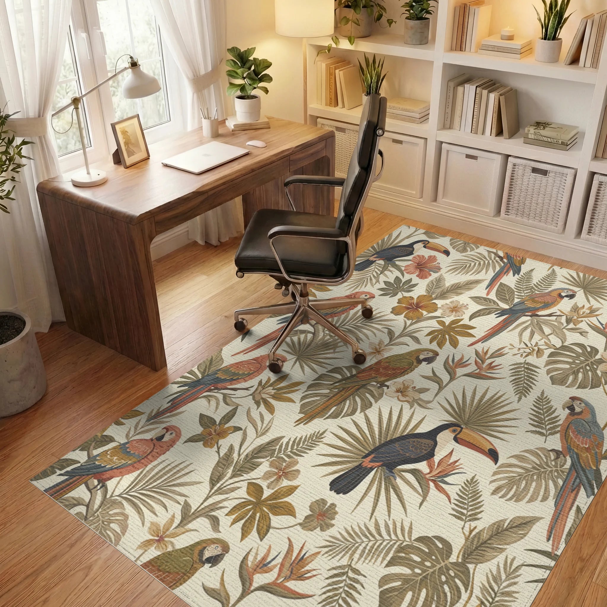 Earthy Tropical Toucan Parrot Foliage Rug Office View