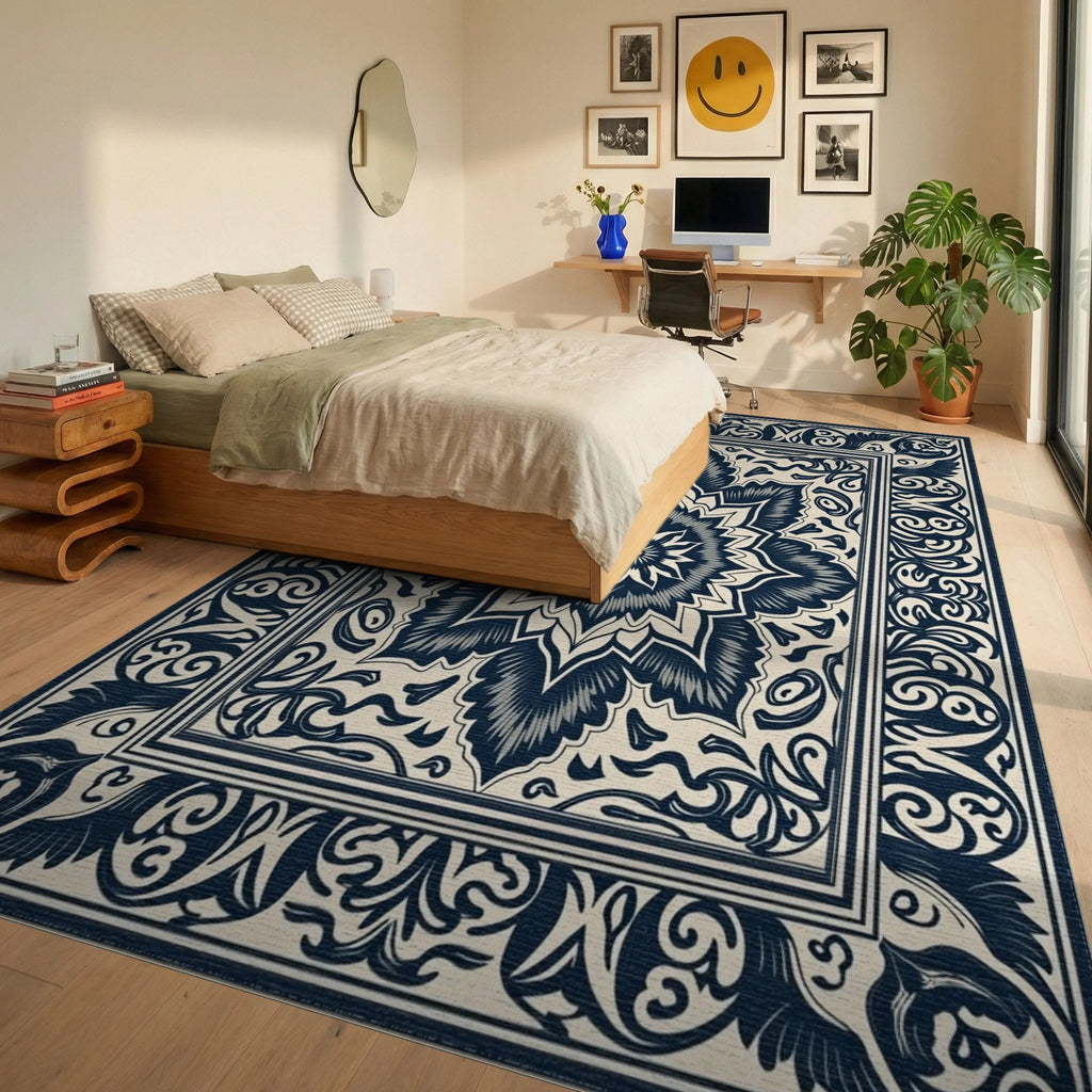 Elaborate Scrollwork Medallion Design Rug Bedroom View