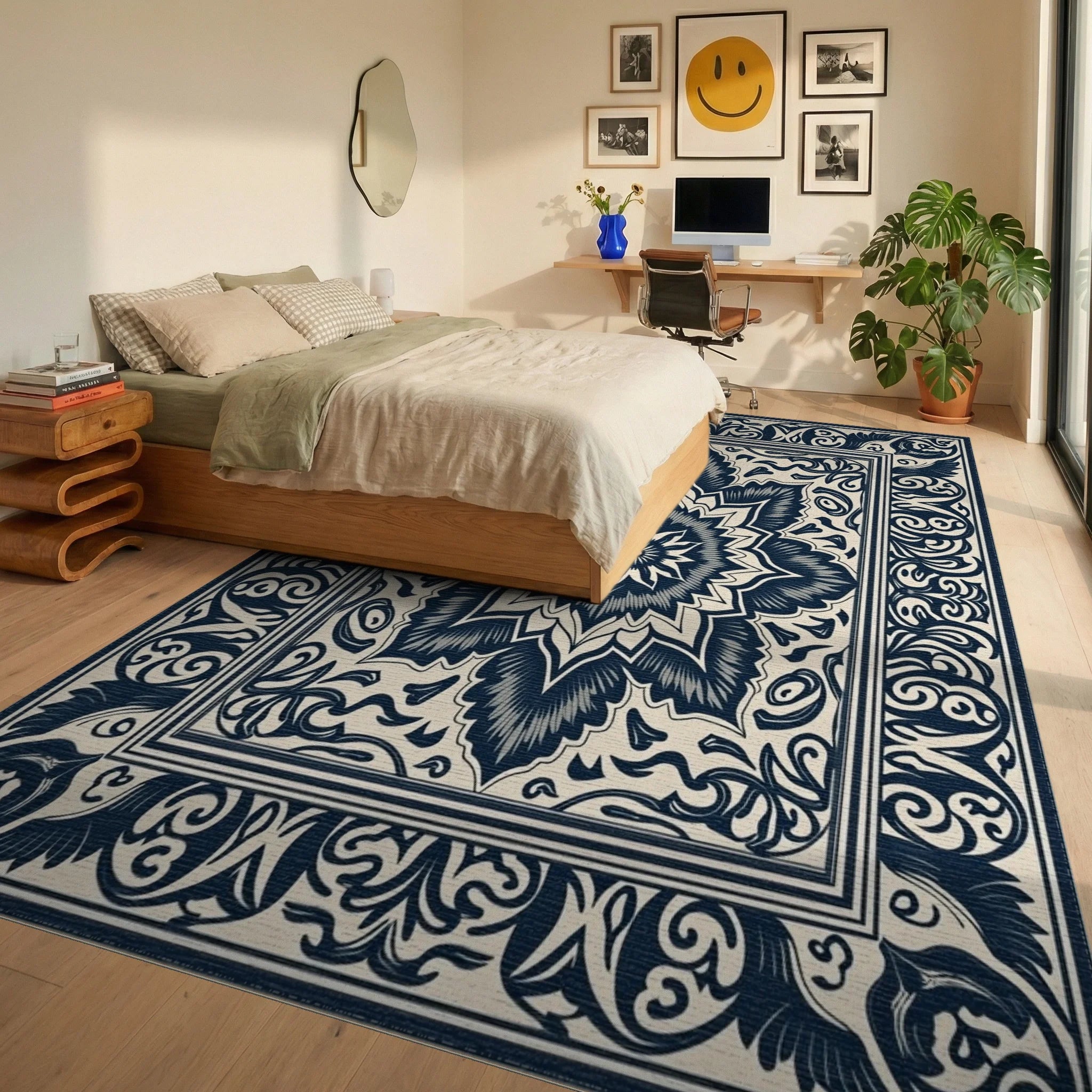 Elaborate Scrollwork Medallion Design Rug Bedroom View