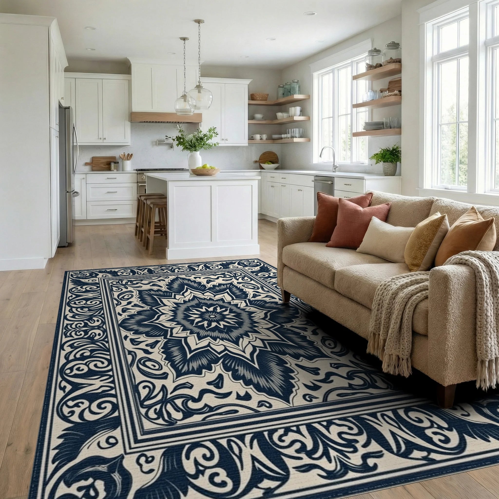Elaborate Scrollwork Medallion Design Rug Living Room View
