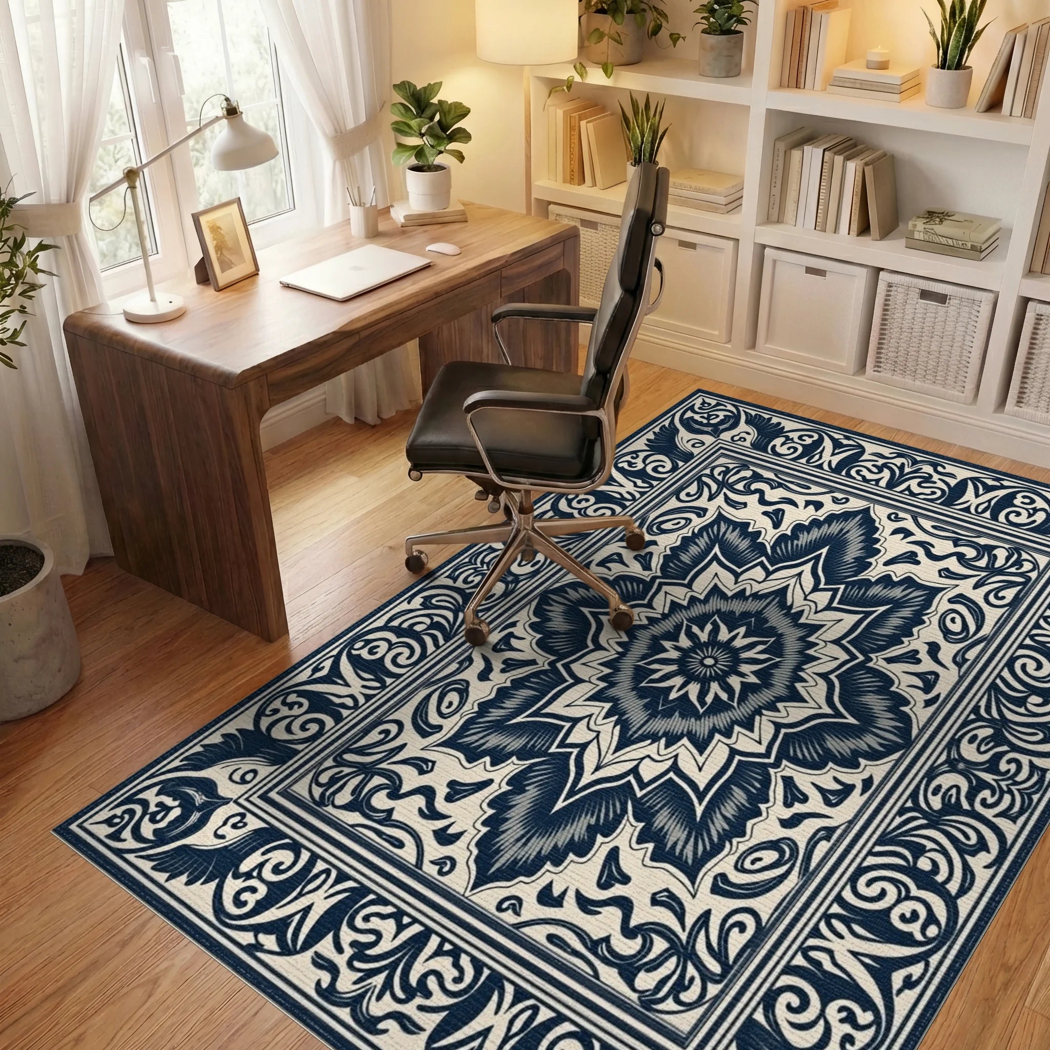 Elaborate Scrollwork Medallion Design Rug Office View