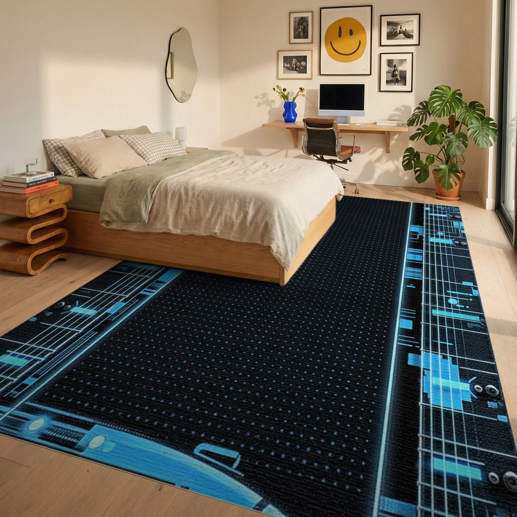 Electric Blue Circuit Board Lines Rug - Bedroom View