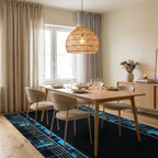 Electric Blue Circuit Board Lines Rug - Dining Room View