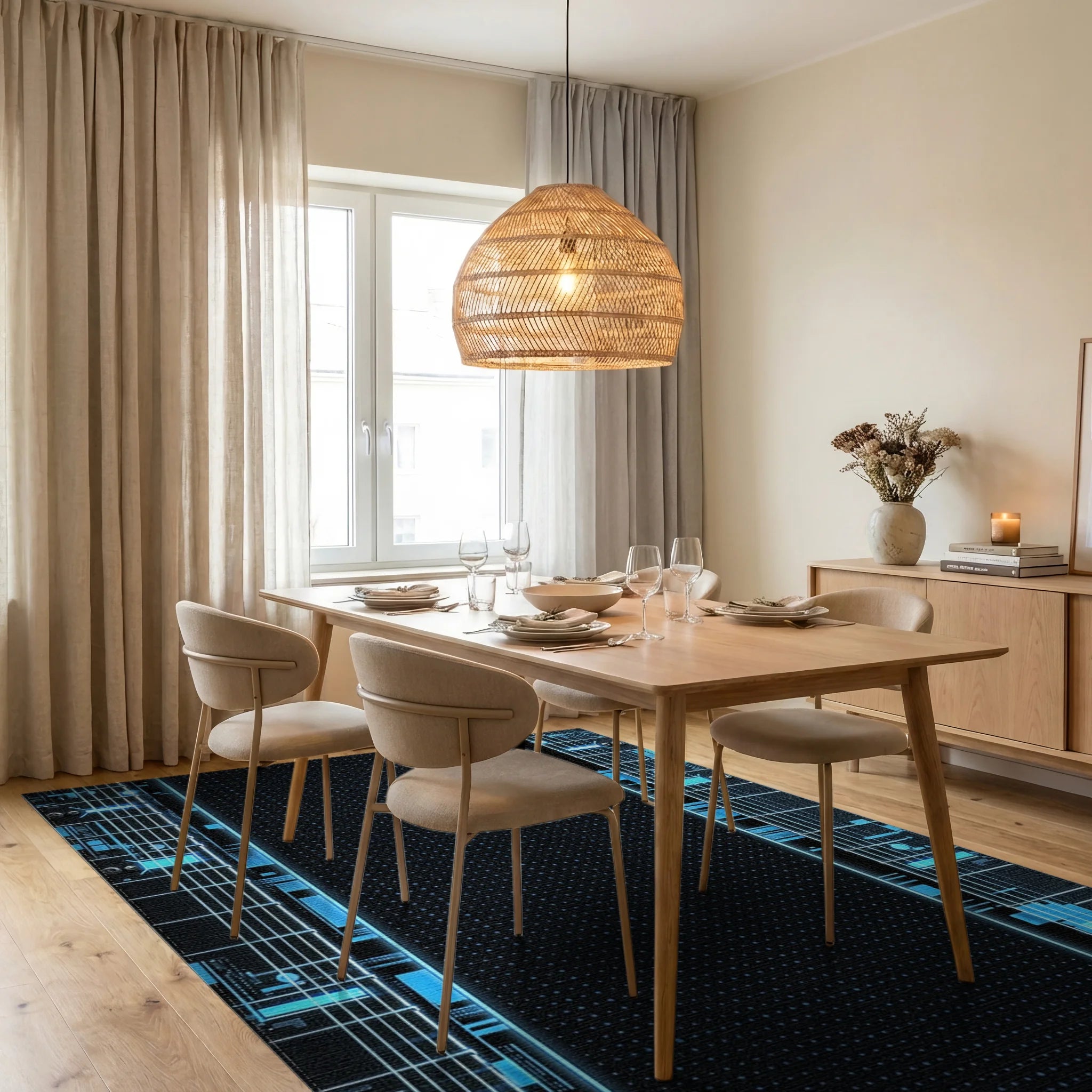 Electric Blue Circuit Board Lines Rug - Dining Room View
