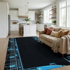 Electric Blue Circuit Board Lines Rug - Living Room View