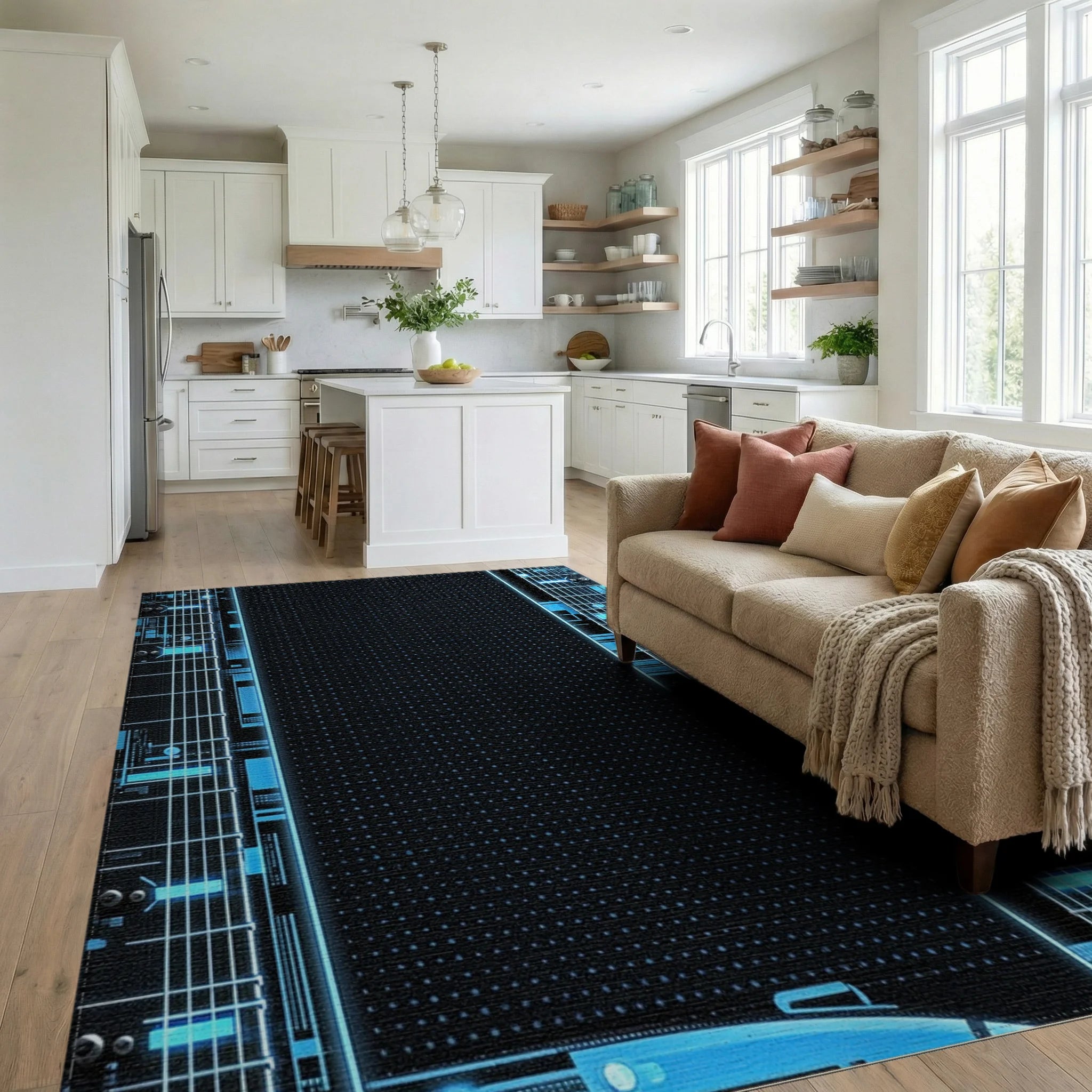 Electric Blue Circuit Board Lines Rug - Living Room View