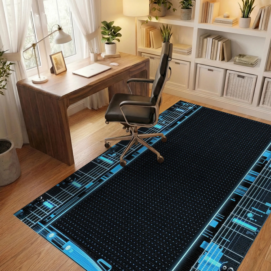 Electric Blue Circuit Board Lines Rug - Office View