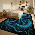 Electric Blue Kraken Tentacle Art Rug - Bedroom View