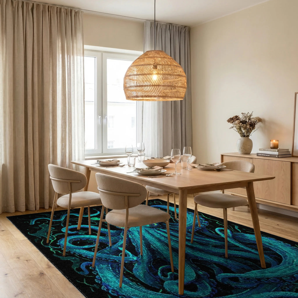 Electric Blue Kraken Tentacle Art Rug - Dining Room View