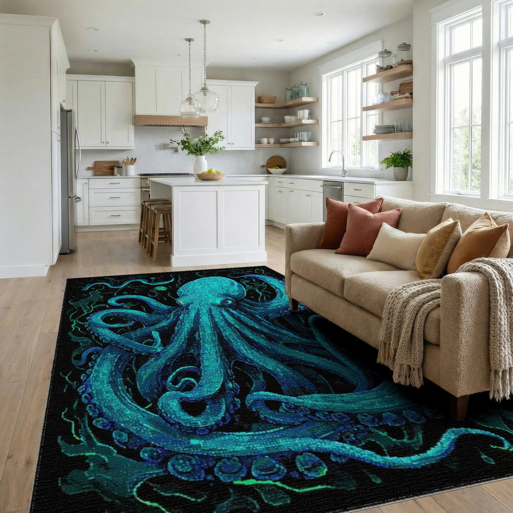 Electric Blue Kraken Tentacle Art Rug - Living Room View