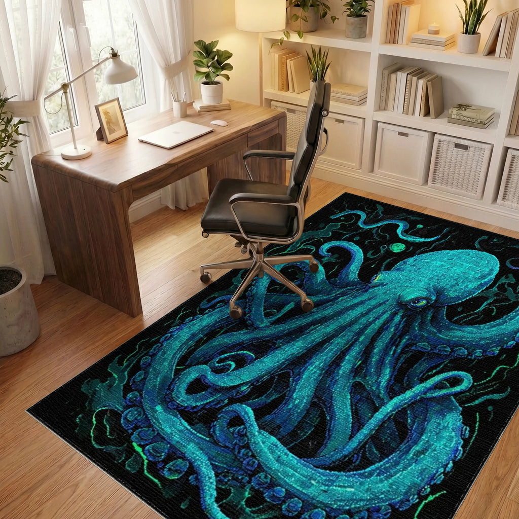 Electric Blue Kraken Tentacle Art Rug - Office View