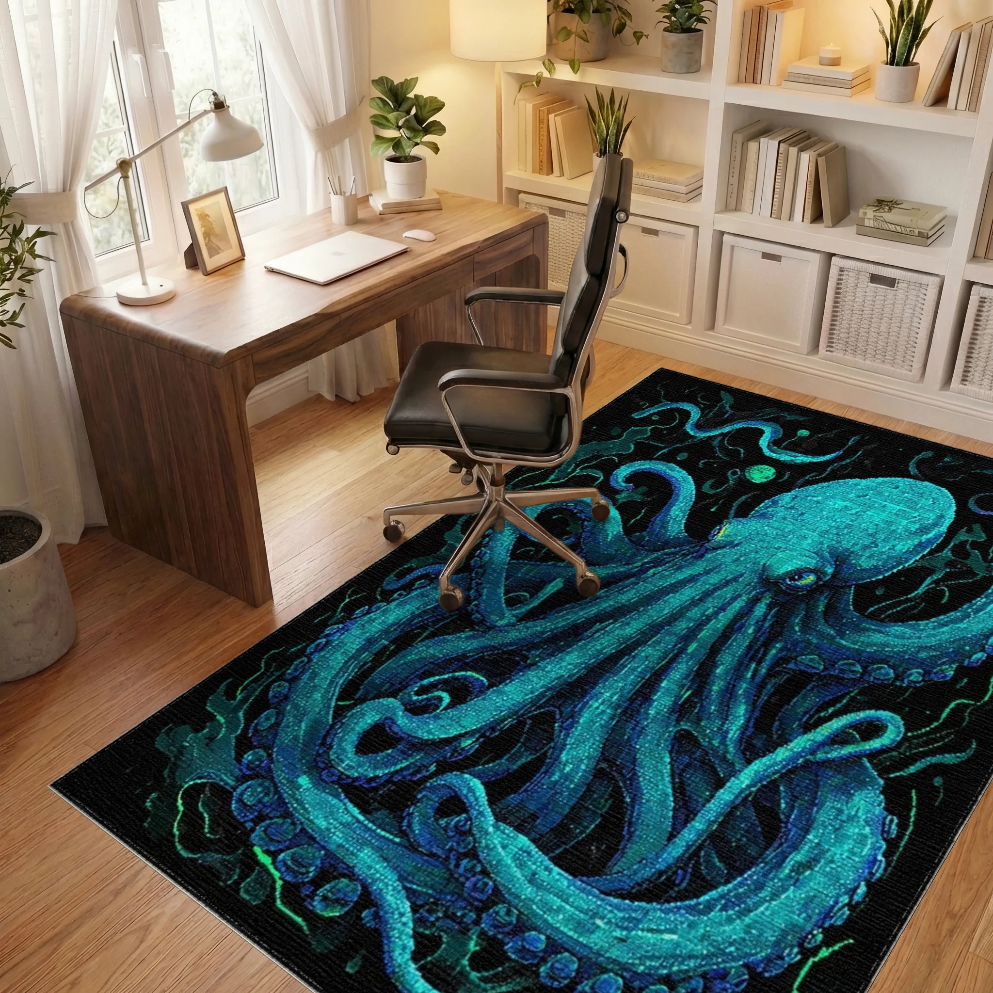 Electric Blue Kraken Tentacle Art Rug - Office View