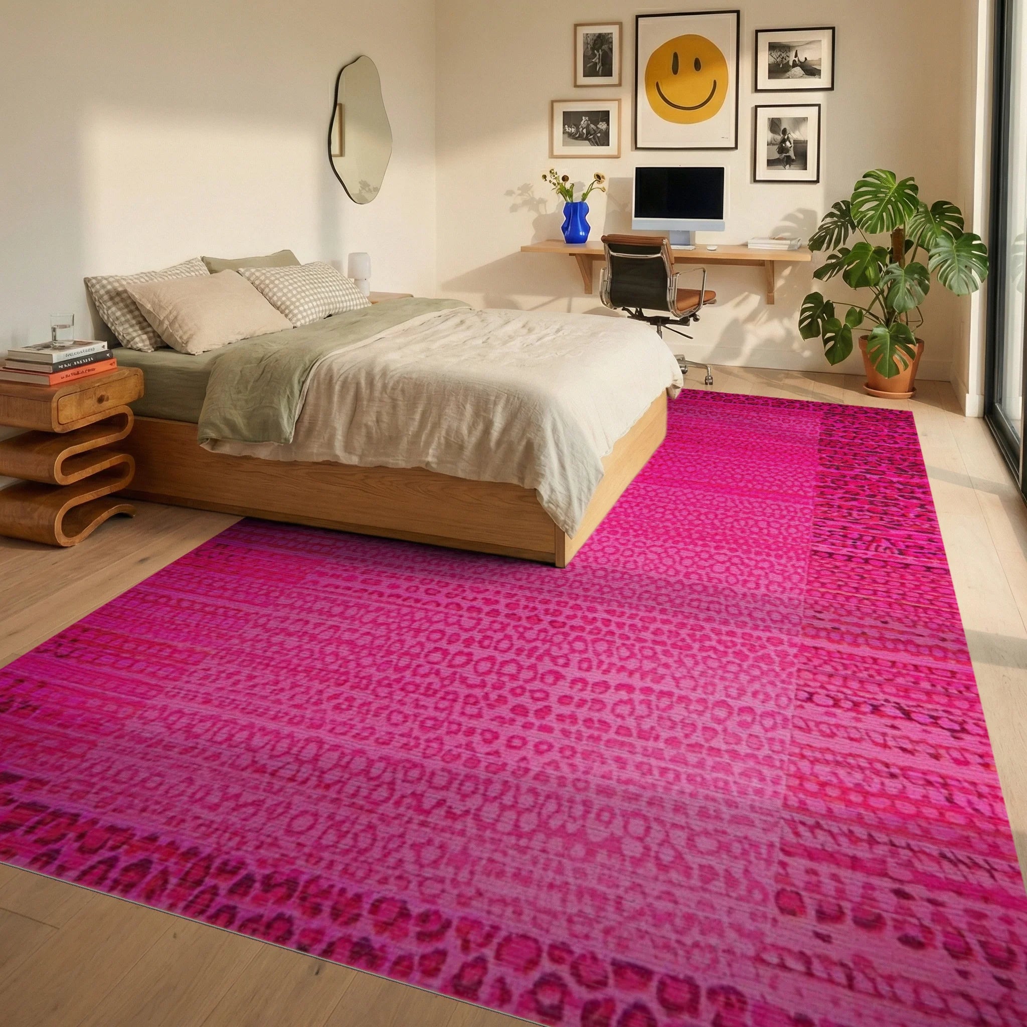 Electric Pink Animal Stripe Collage Rug - Bedroom View