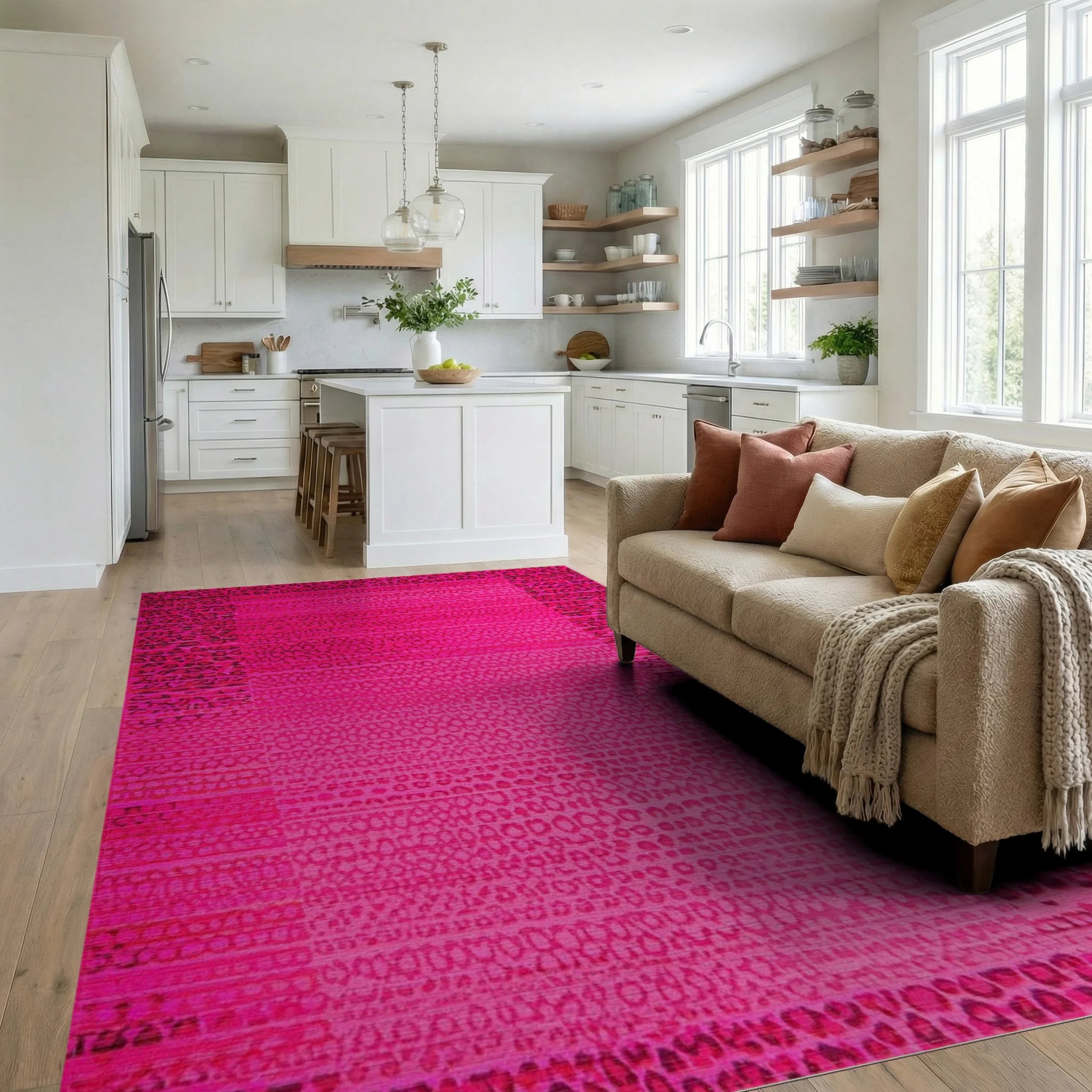 Electric Pink Animal Stripe Collage Rug - Living Room View