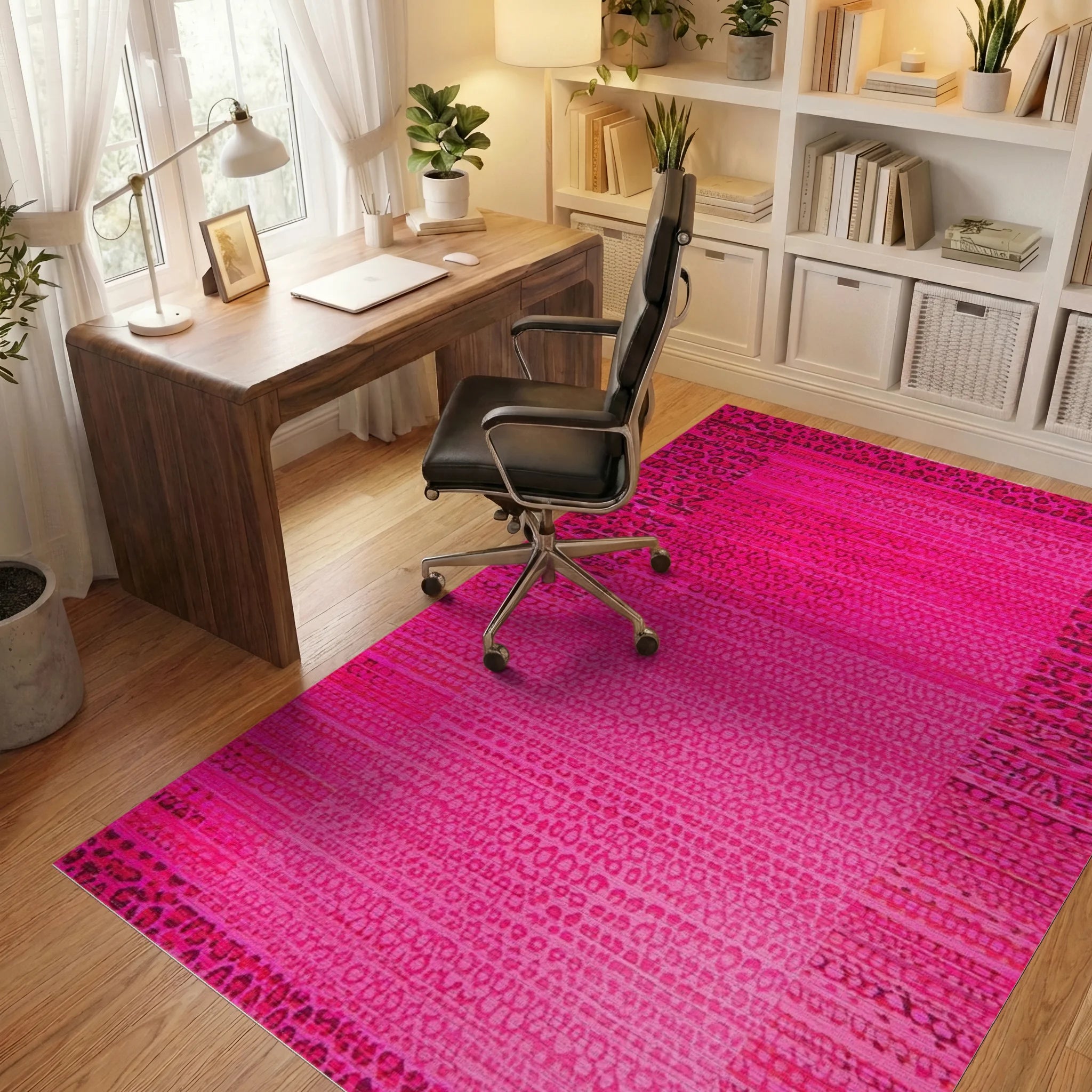 Electric Pink Animal Stripe Collage Rug - Office View