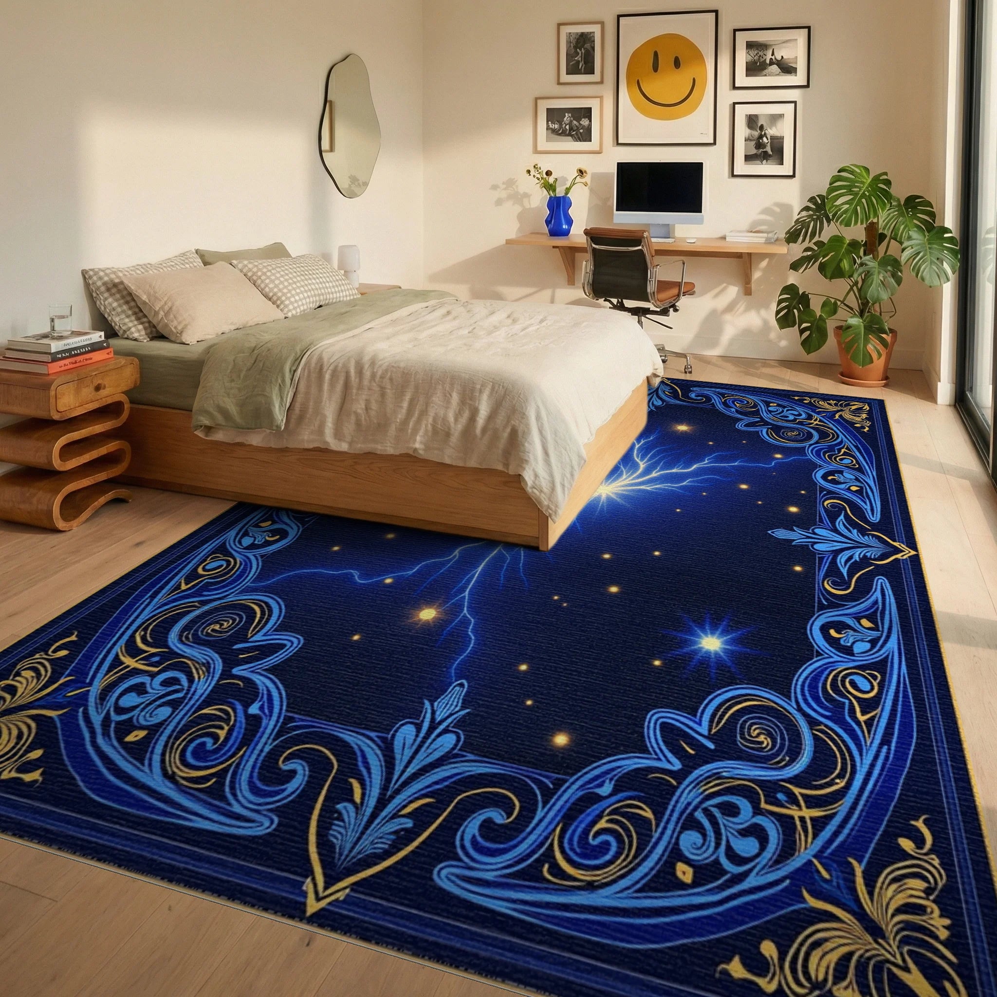 Electric Starburst Ornate Medallion Rug Bedroom View