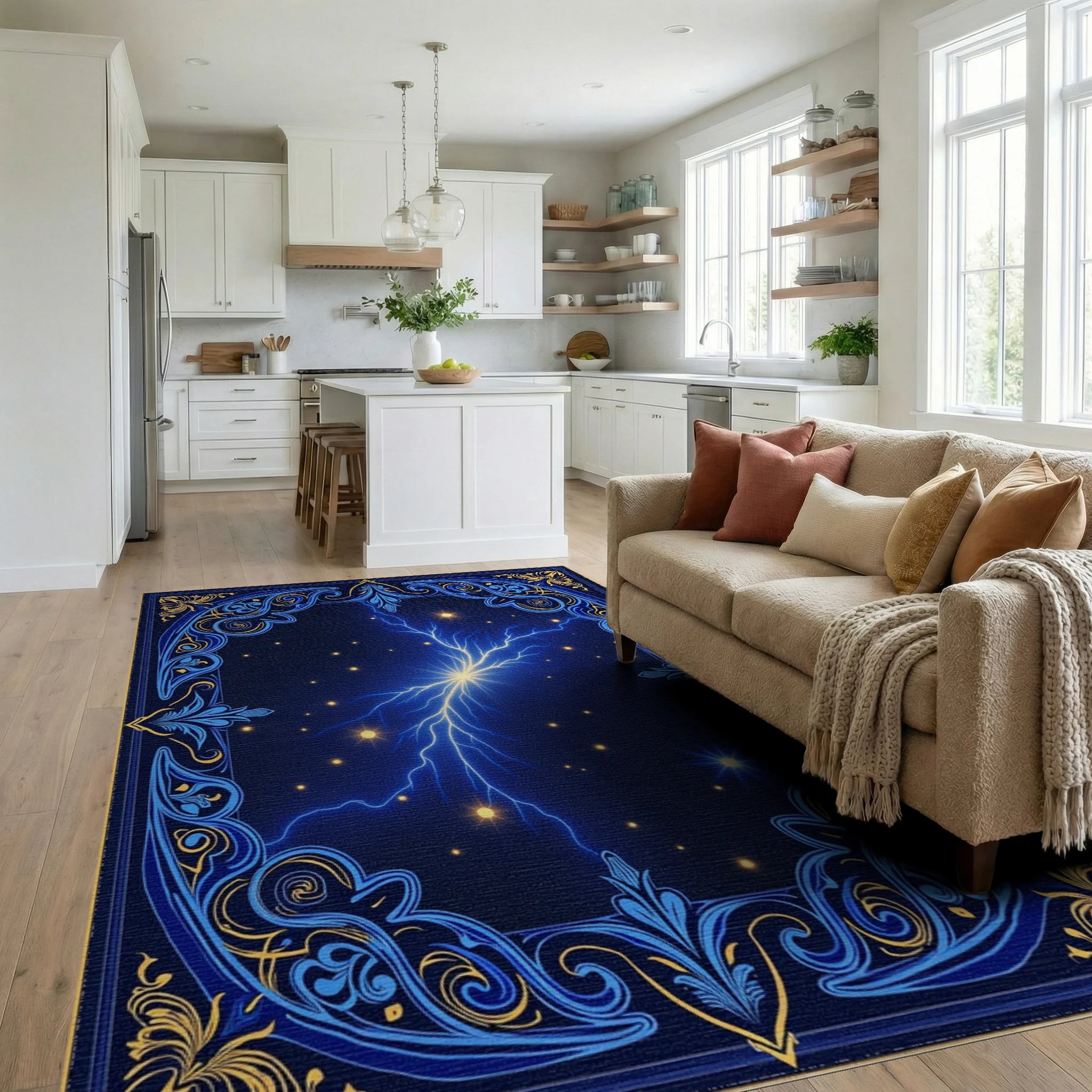 Electric Starburst Ornate Medallion Rug Living Room View