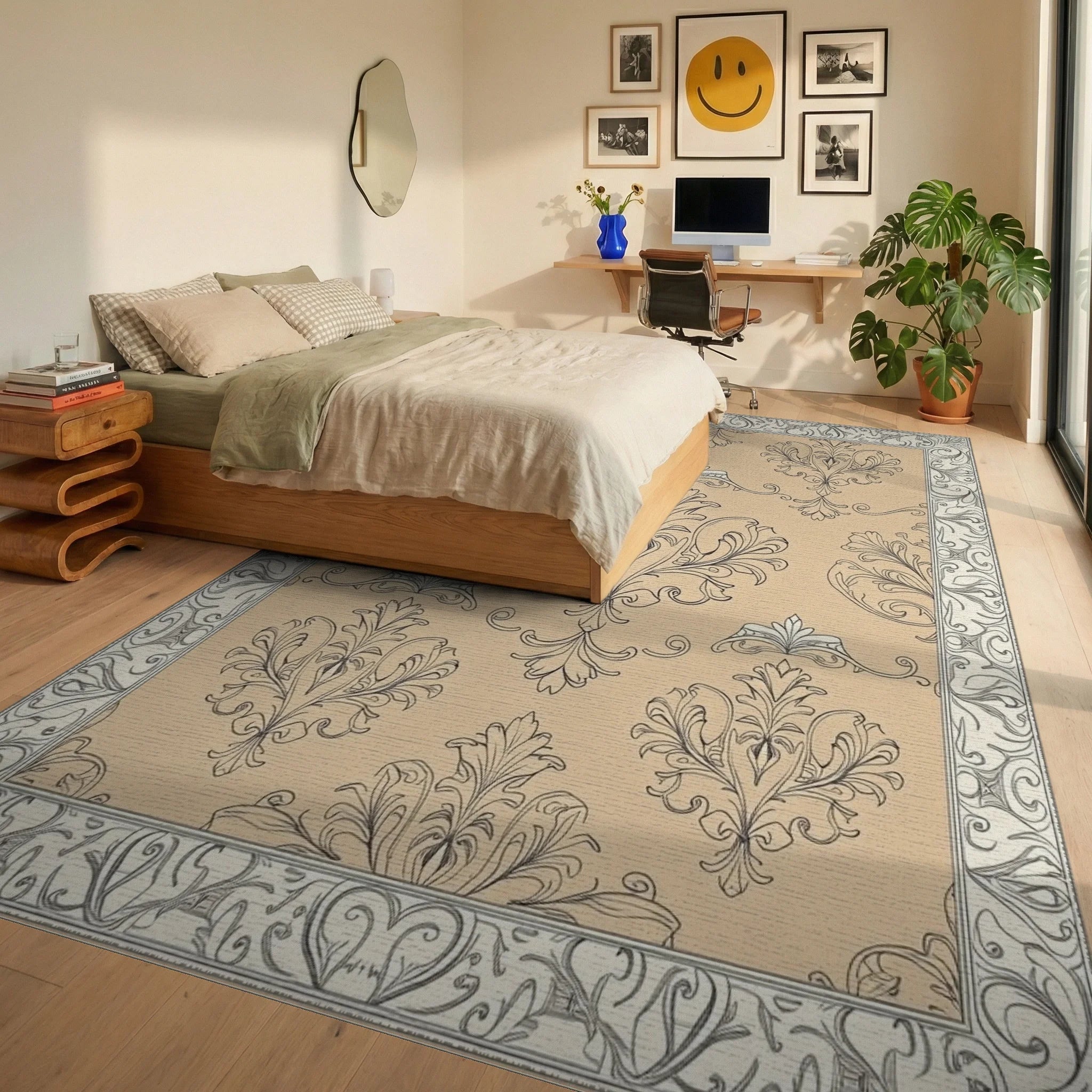 Elegant Beige Damask Scroll Rug Bedroom View
