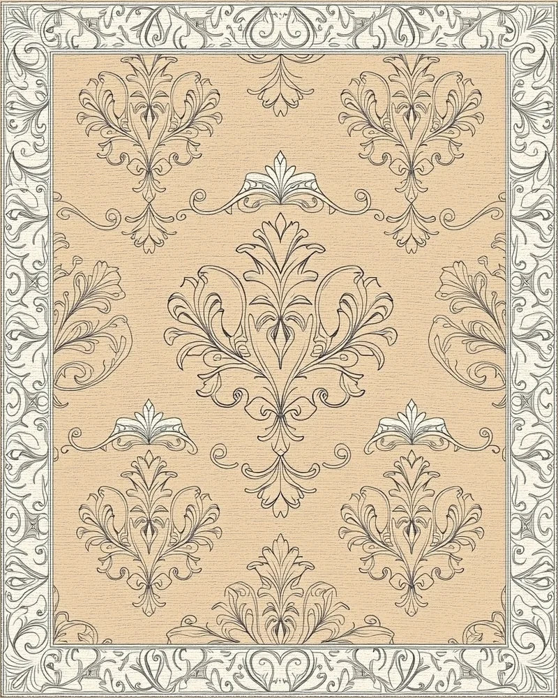 Elegant Beige Damask Scroll Rug - Cutout View