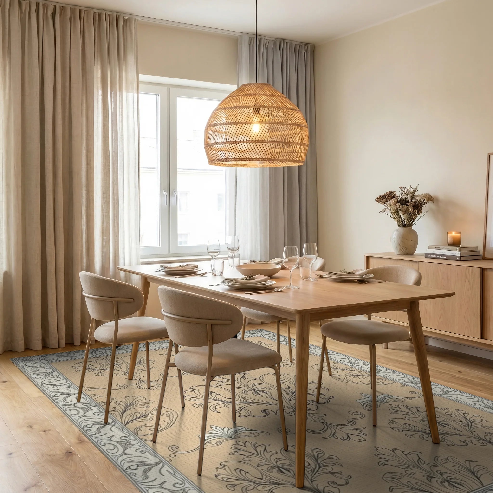 Elegant Beige Damask Scroll Rug Dining Room View