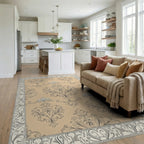 Elegant Beige Damask Scroll Rug Living Room View