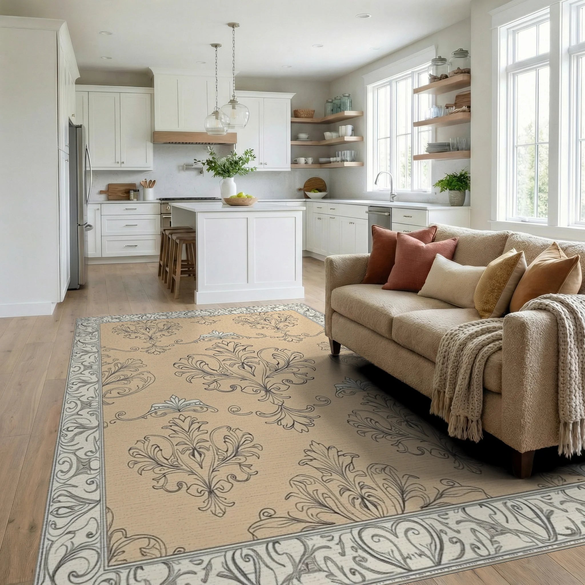 Elegant Beige Damask Scroll Rug Living Room View
