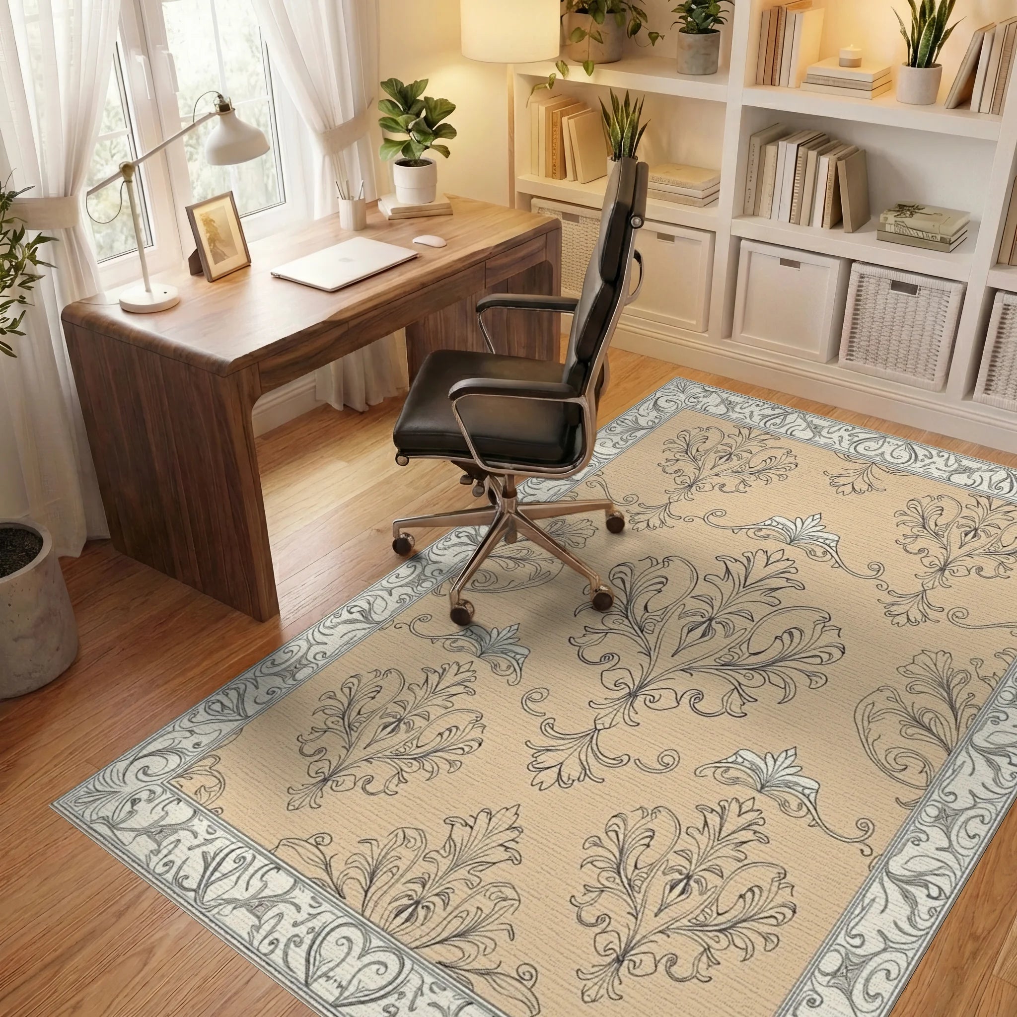 Elegant Beige Damask Scroll Rug Office View