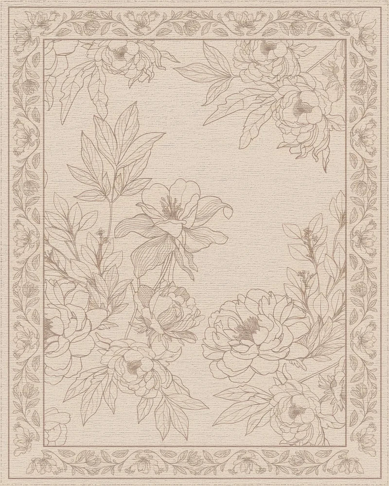 Elegant Beige Peony Botanical Line Rug - Cutout View