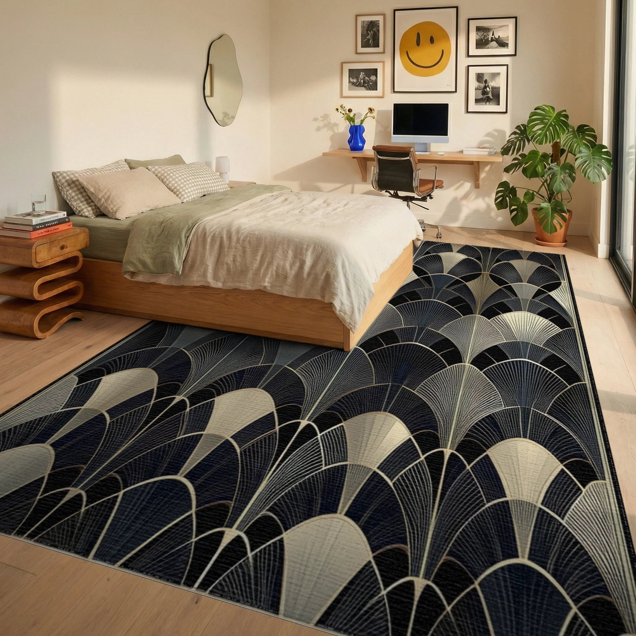 Elegant Black Gold Fan Overlay Rug Bedroom View