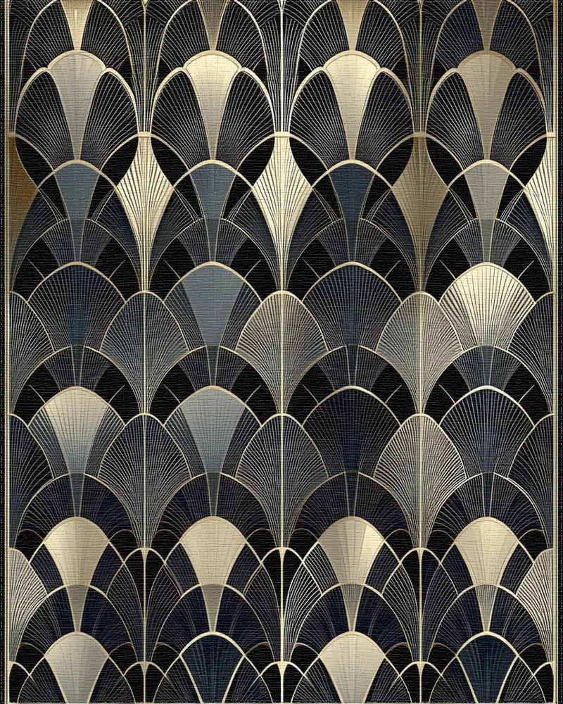 Elegant Black Gold Fan Overlay Rug - Cutout View