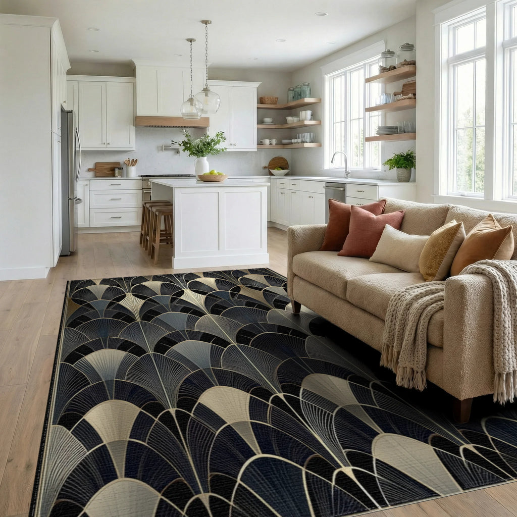 Elegant Black Gold Fan Overlay Rug Living Room View
