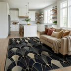 Elegant Black Gold Fan Overlay Rug Living Room View