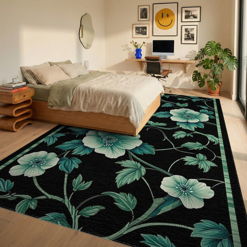 Elegant Black Green Floral Vine Rug - Bedroom View