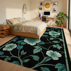 Elegant Black Green Floral Vine Rug - Bedroom View